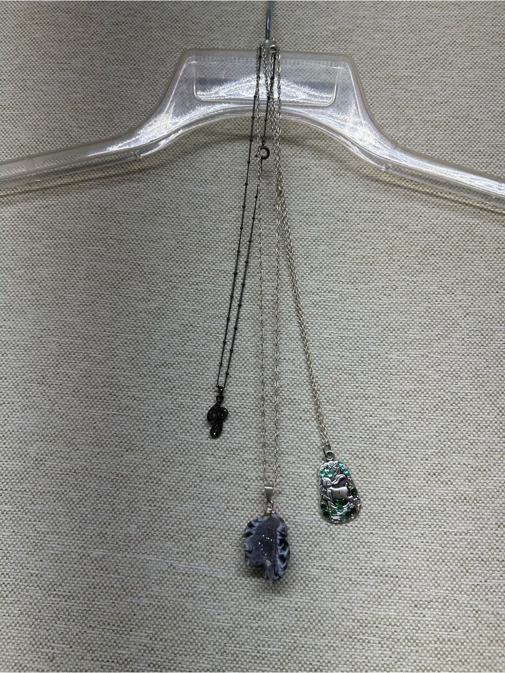 Silver Tone Pendant Necklace with Green Enamel Accent